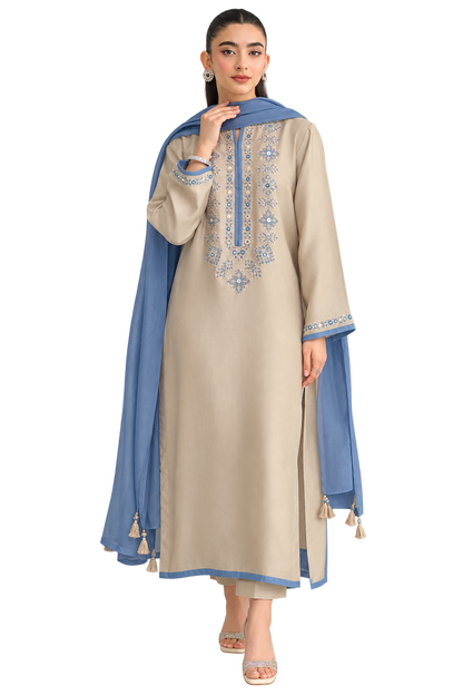 Flora Beige Chanderi Silk Embroidered Suit Set with Blue Chinon Dupatta
