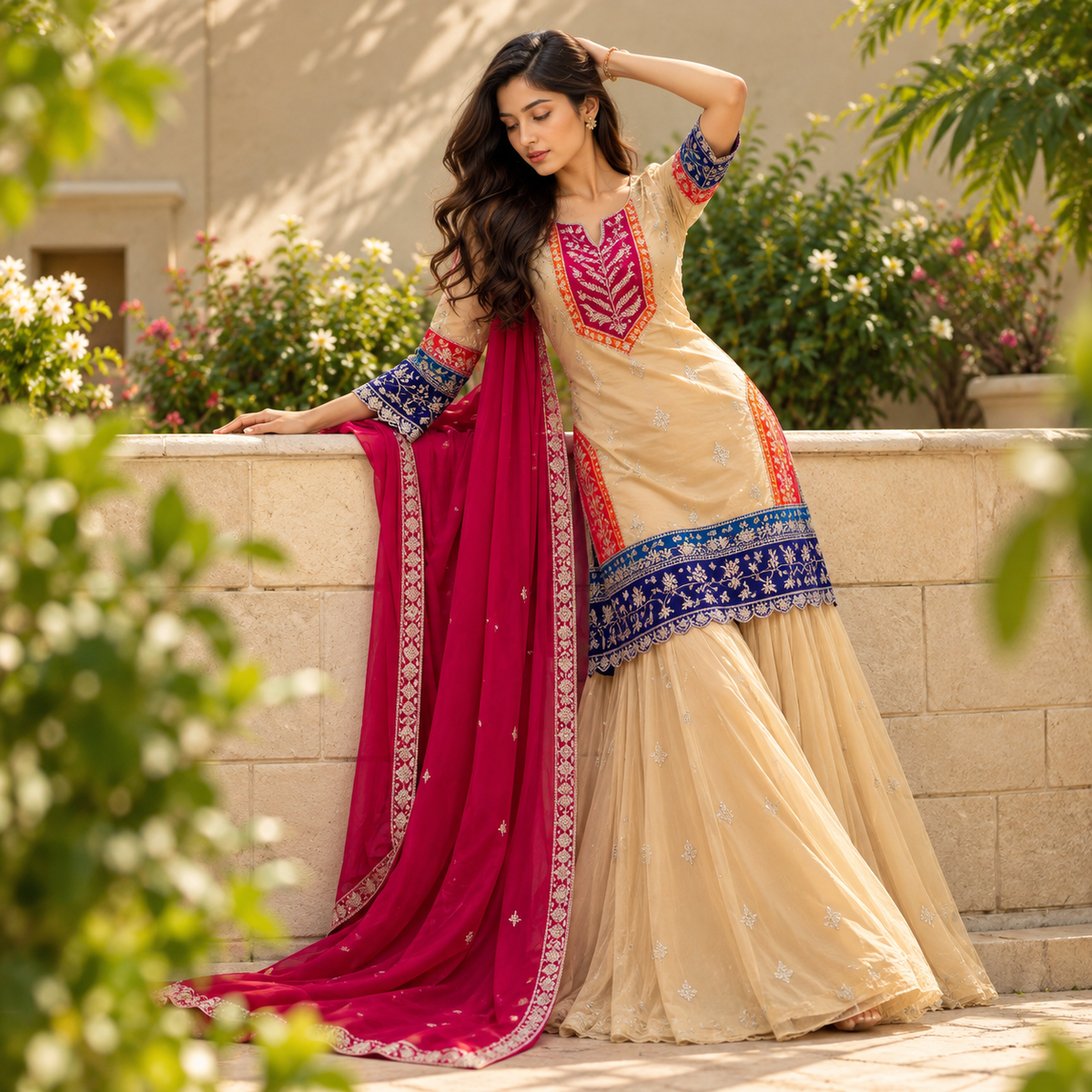 Embroidered Beige & Pink 3-Piece Suit Set with Dupatta