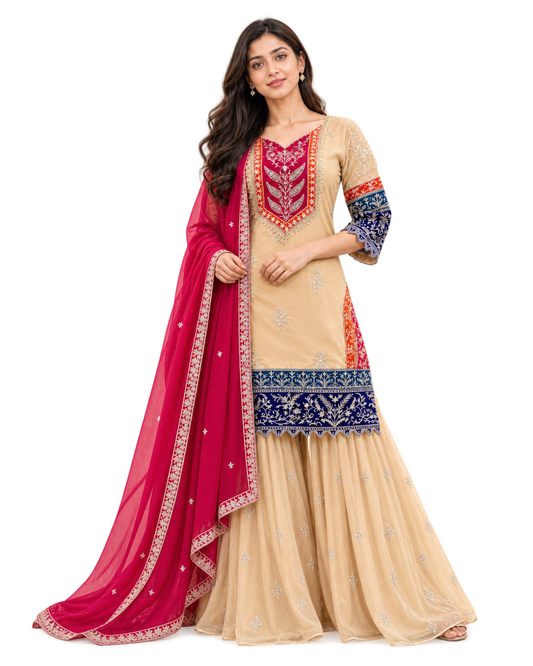 Embroidered Beige & Pink 3-Piece Suit Set with Dupatta