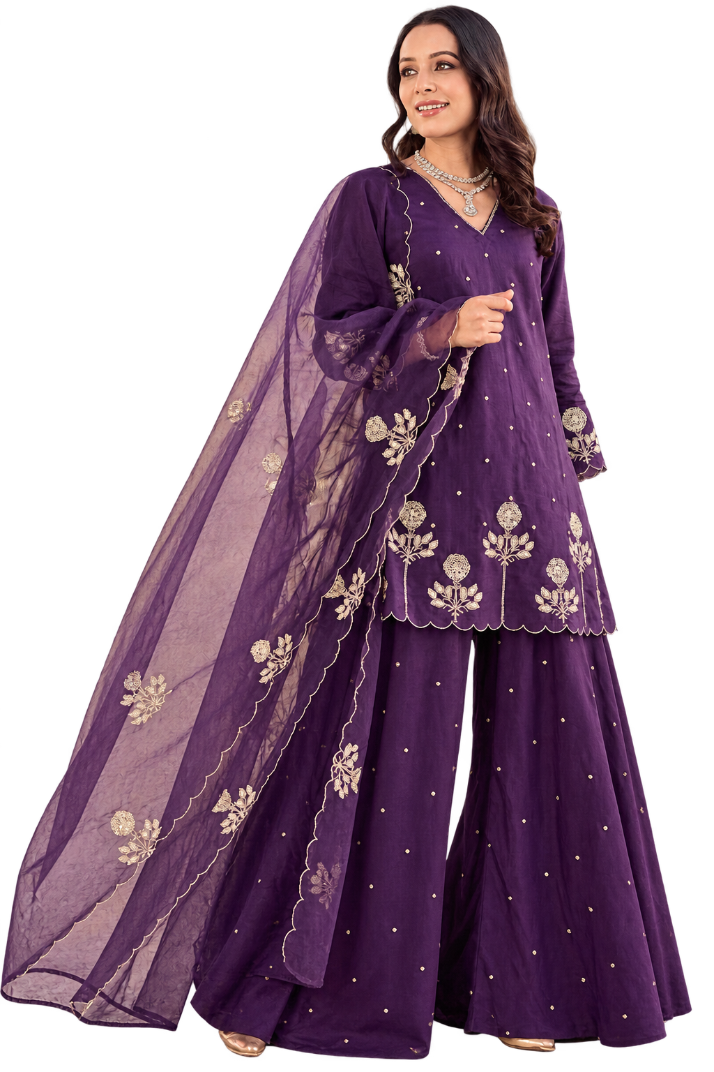 Gulabo Purple Chanderi Silk Embroidered Palazzo Suit Set with Organza Dupatta