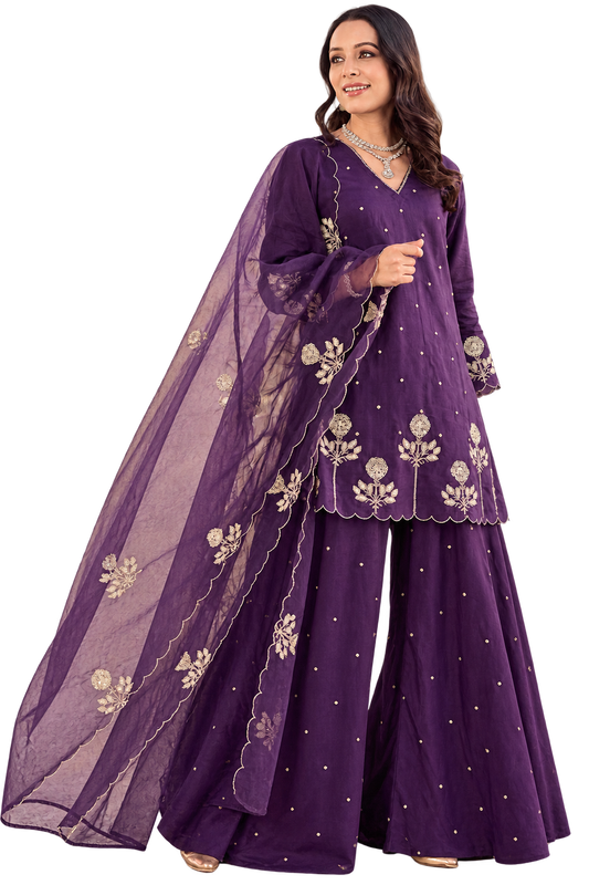 Gulabo Purple Chanderi Silk Embroidered Palazzo Suit Set with Organza Dupatta