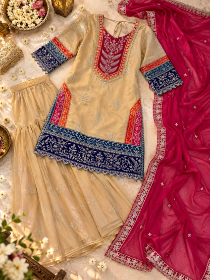Embroidered Beige & Pink 3-Piece Suit Set with Dupatta