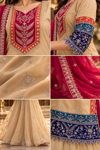 Embroidered Beige & Pink 3-Piece Suit Set with Dupatta