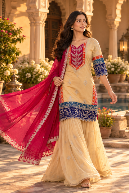 Embroidered Beige & Pink 3-Piece Suit Set with Dupatta