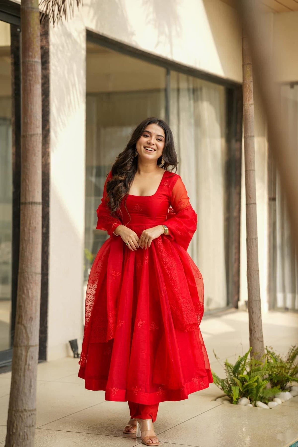 Dhrupal Red Embroidered Taby Silk Anarkali Suit Set with Dupatta