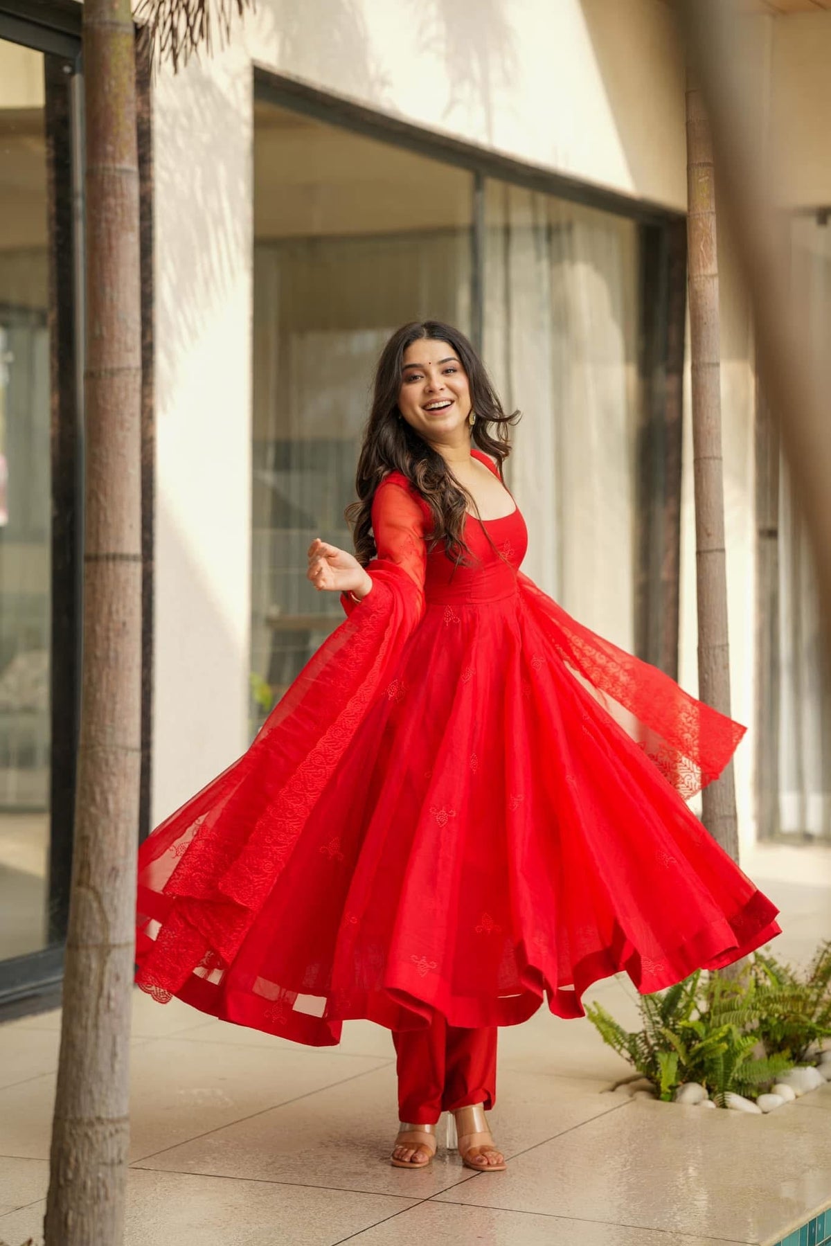 Dhrupal Red Embroidered Taby Silk Anarkali Suit Set with Dupatta