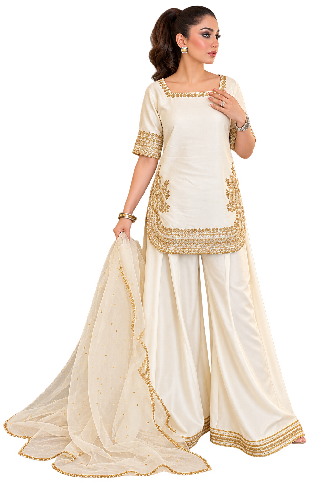 Sunehri Premium Cream Embroidered Chinon Palazzo Suit Set with Dupatta