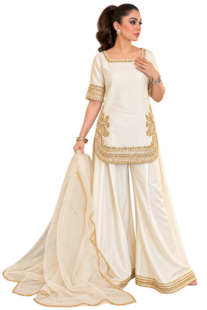 Sunehri Premium Cream Embroidered Chinon Palazzo Suit Set with Dupatta