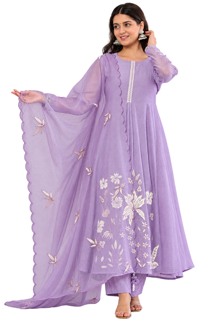 Devki Lavender Chanderi Silk Embroidered Anarkali Kurta Set with Dupatta