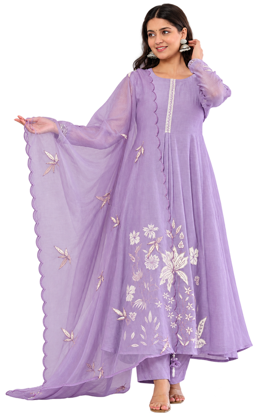 Devki Lavender Chanderi Silk Embroidered Anarkali Kurta Set with Dupatta
