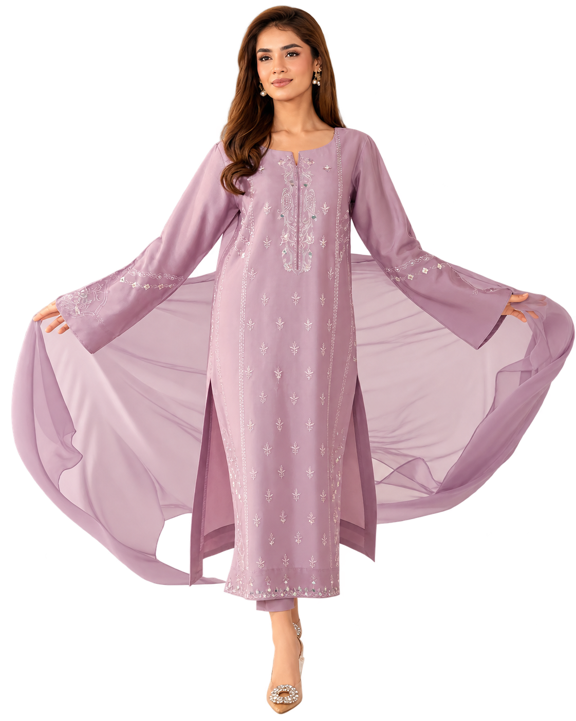 JINISHA – Lavender Embroidered French Crepe Silk Suit Set with Dupatta