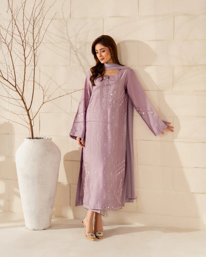JINISHA – Lavender Embroidered French Crepe Silk Suit Set with Dupatta