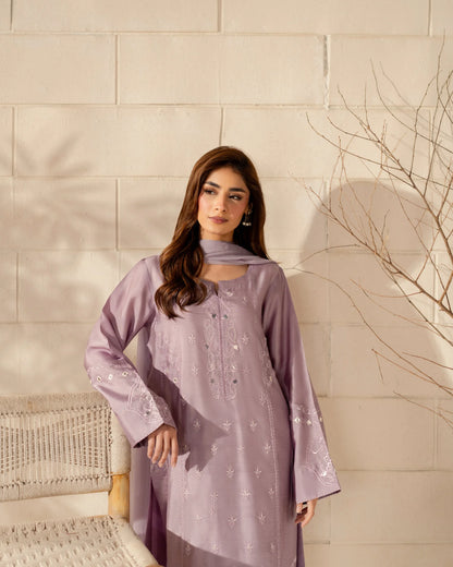 JINISHA – Lavender Embroidered French Crepe Silk Suit Set with Dupatta