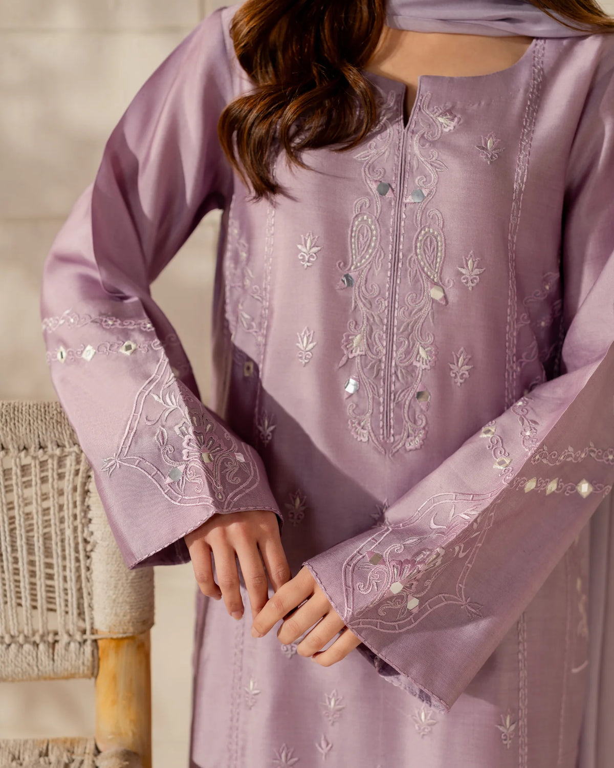 JINISHA – Lavender Embroidered French Crepe Silk Suit Set with Dupatta