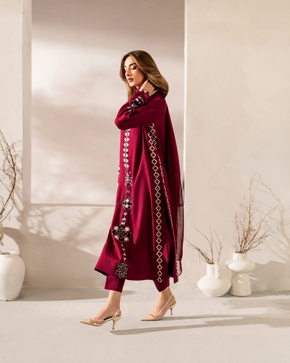 Maroon Chanderi Silk Embroidered Kurta Pant Set with Chinon Dupatta