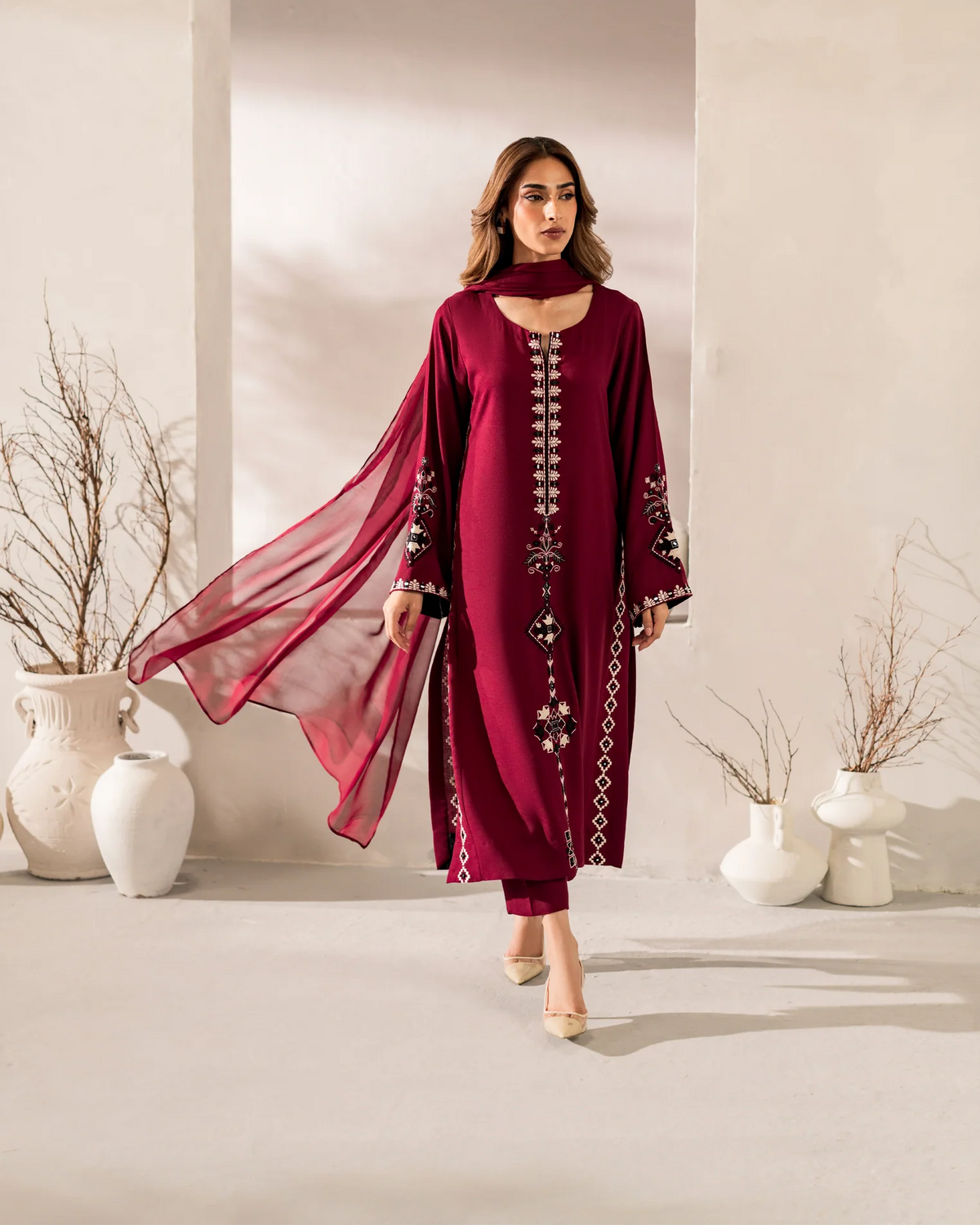 Maroon Chanderi Silk Embroidered Kurta Pant Set with Chinon Dupatta