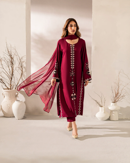 Maroon Chanderi Silk Embroidered Kurta Pant Set with Chinon Dupatta