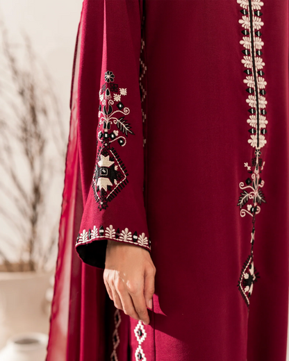 Maroon Chanderi Silk Embroidered Kurta Pant Set with Chinon Dupatta