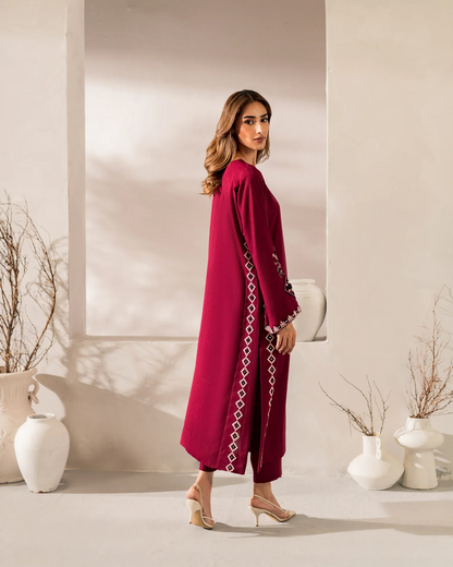 Maroon Chanderi Silk Embroidered Kurta Pant Set with Chinon Dupatta