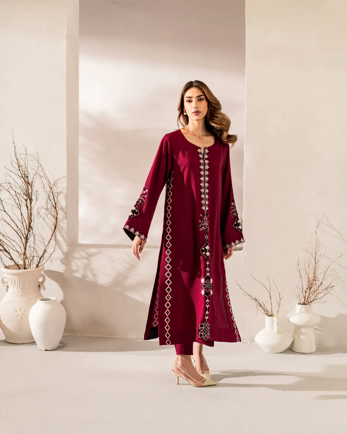 Maroon Chanderi Silk Embroidered Kurta Pant Set with Chinon Dupatta