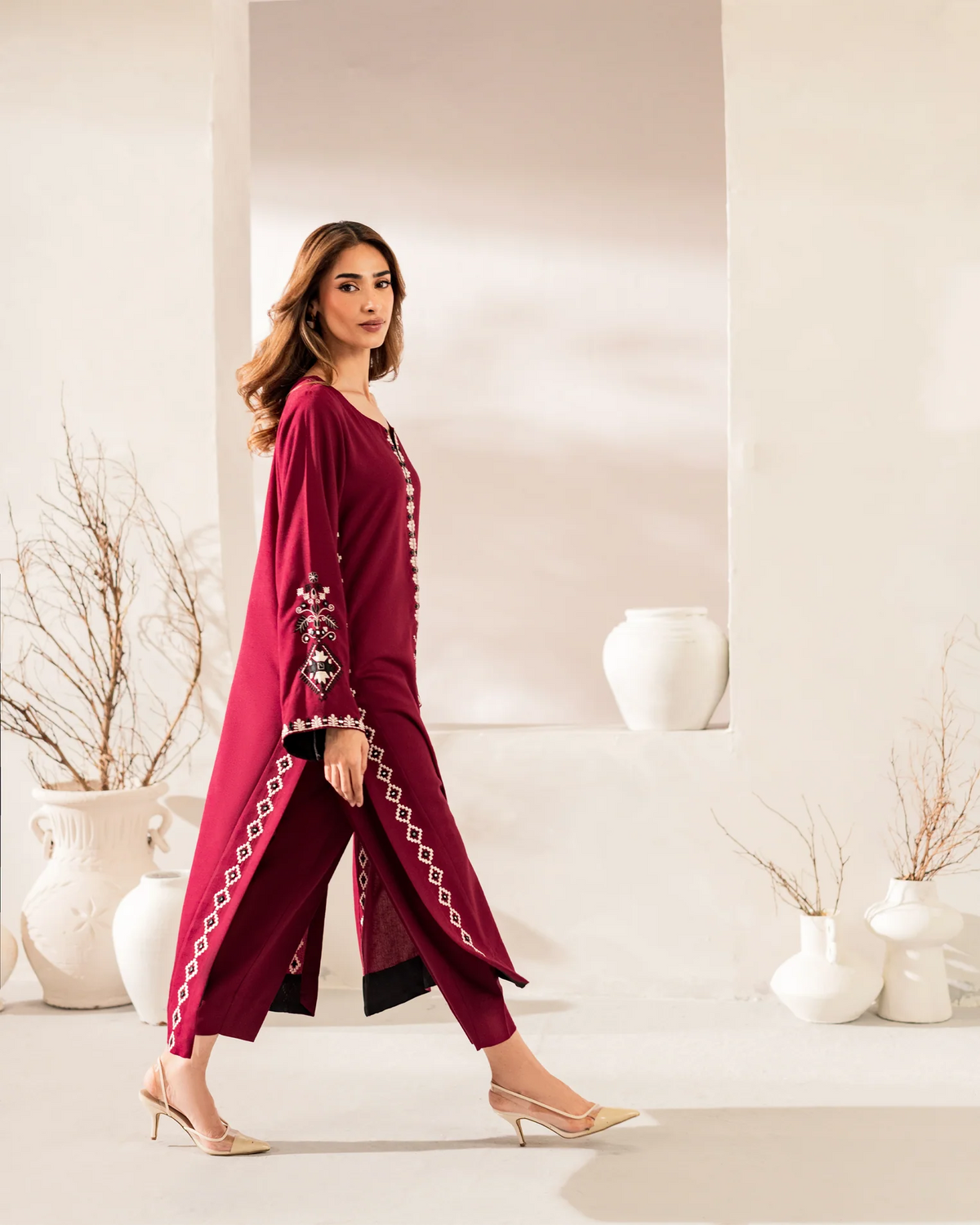 Maroon Chanderi Silk Embroidered Kurta Pant Set with Chinon Dupatta