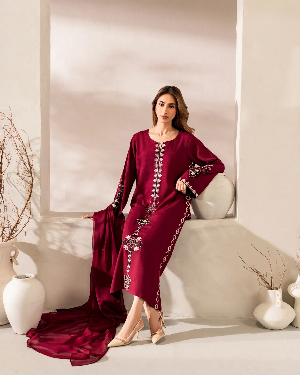 Maroon Chanderi Silk Embroidered Kurta Pant Set with Chinon Dupatta