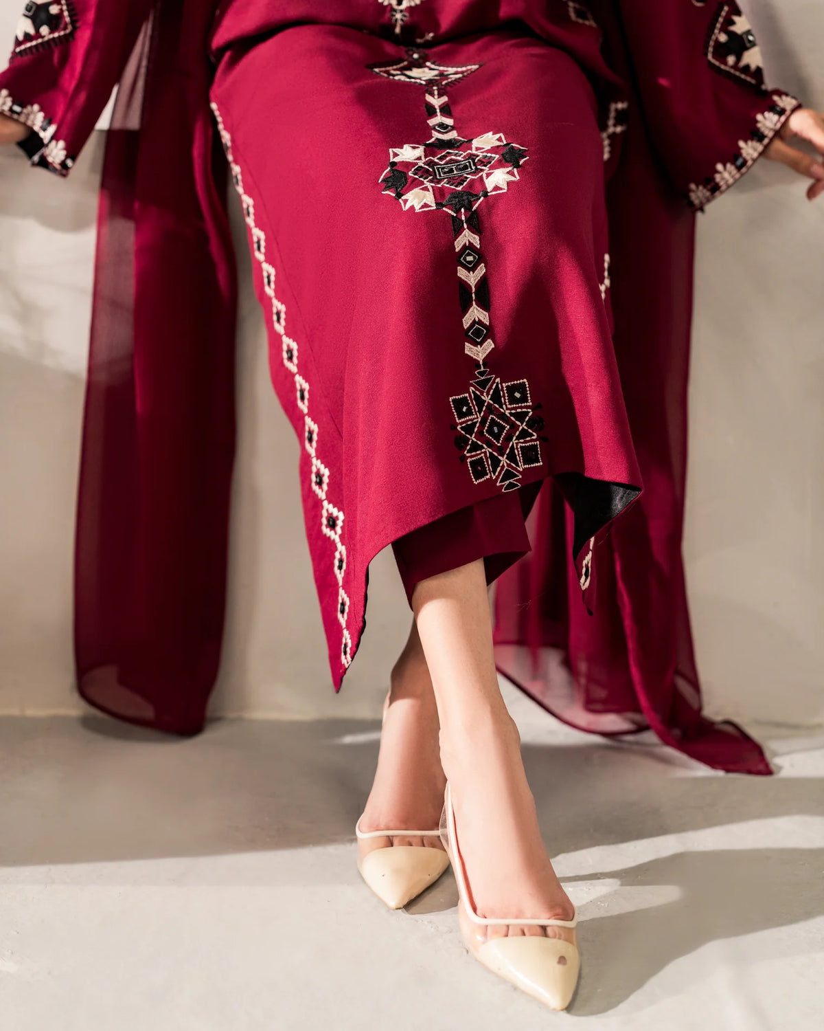Maroon Chanderi Silk Embroidered Kurta Pant Set with Chinon Dupatta
