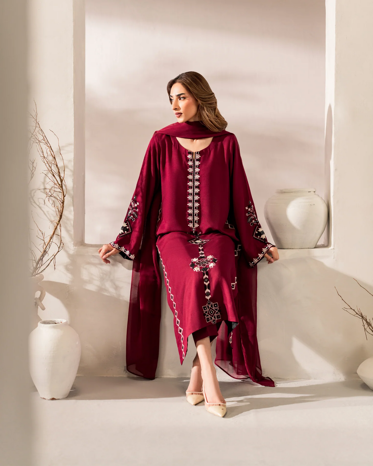 Maroon Chanderi Silk Embroidered Kurta Pant Set with Chinon Dupatta