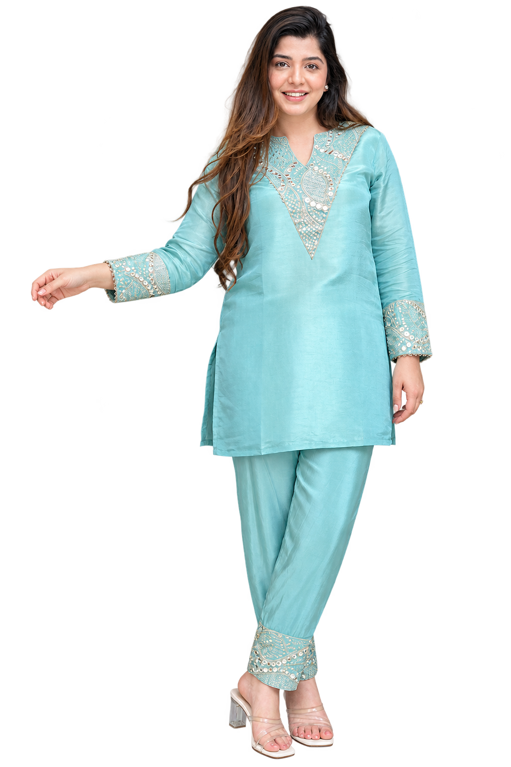 Women's Aqua Blue Shimmer Silk Kurta Palazzo Set with Mirror and Sequin Embroidery