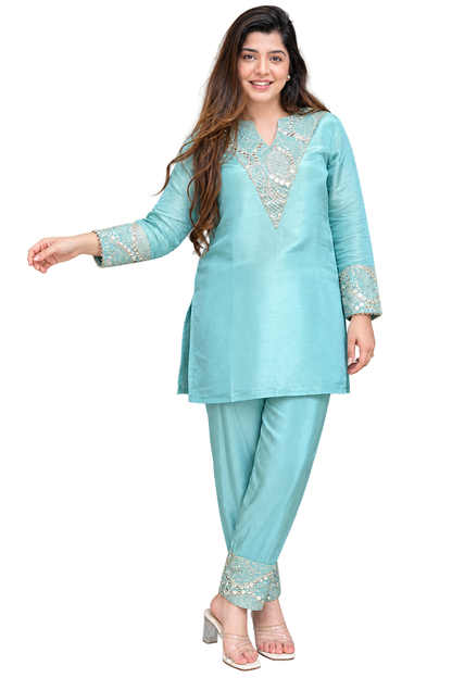 Women's Aqua Blue Shimmer Silk Kurta Palazzo Set with Mirror and Sequin Embroidery