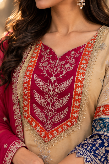Embroidered Beige & Pink 3-Piece Suit Set with Dupatta