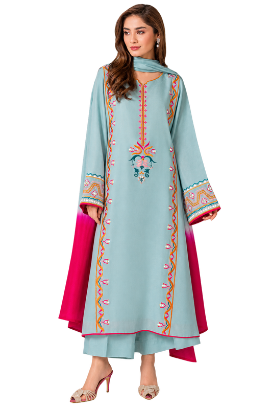 Inayat Sky Blue Embroidered French Crepe Suit Set with Chinon Dupatta