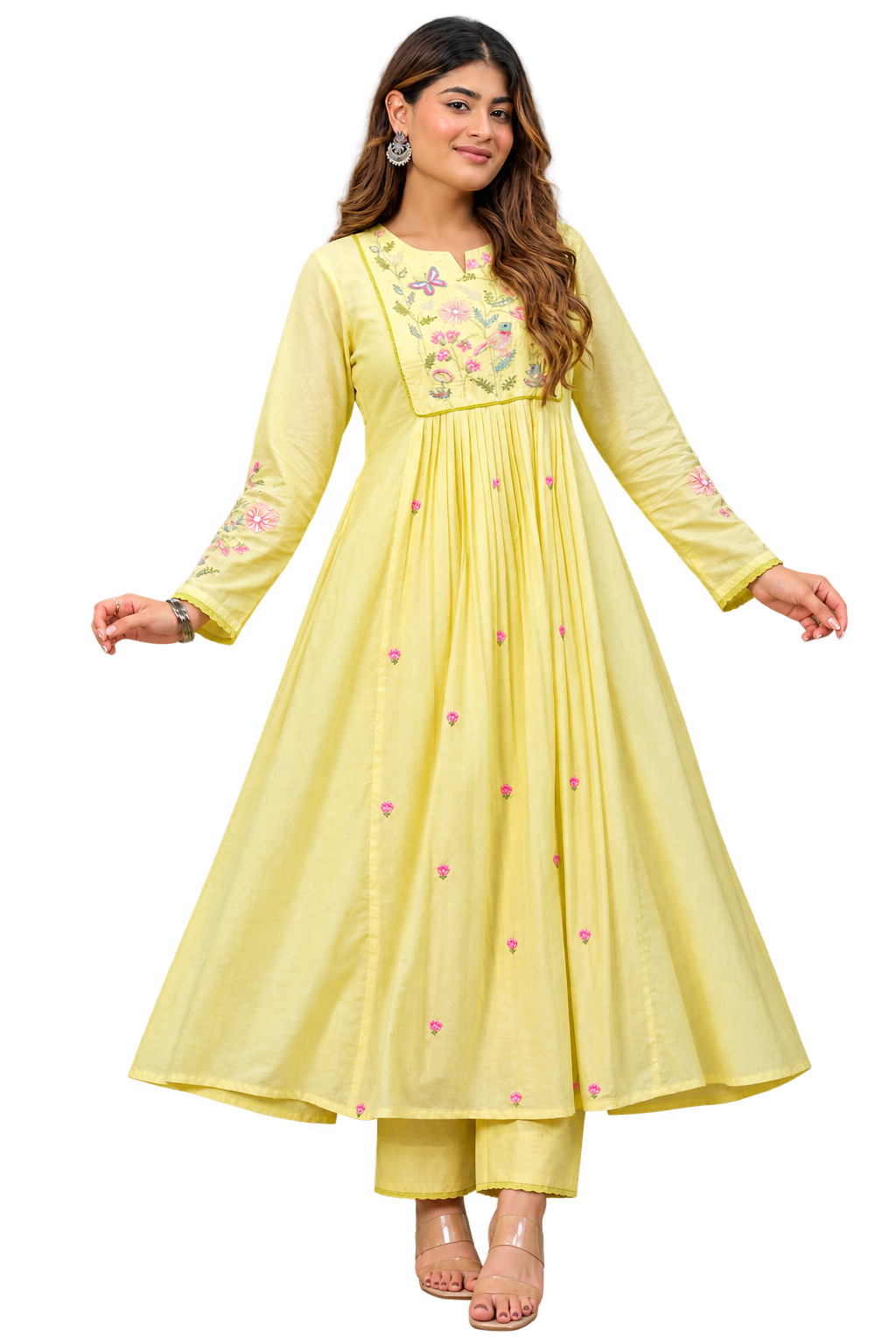 KIMORA Lemon Yellow Chanderi Silk Embroidered Kurta Pant Set with Dupatta
