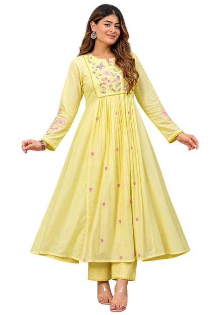 KIMORA Lemon Yellow Chanderi Silk Embroidered Kurta Pant Set with Dupatta