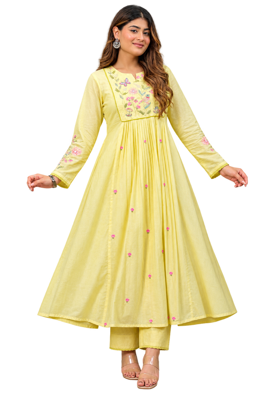 KIMORA Lemon Yellow Chanderi Silk Embroidered Kurta Pant Set with Dupatta