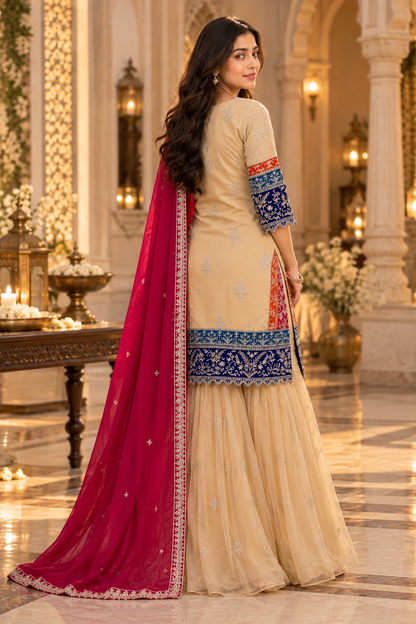 Embroidered Beige & Pink 3-Piece Suit Set with Dupatta