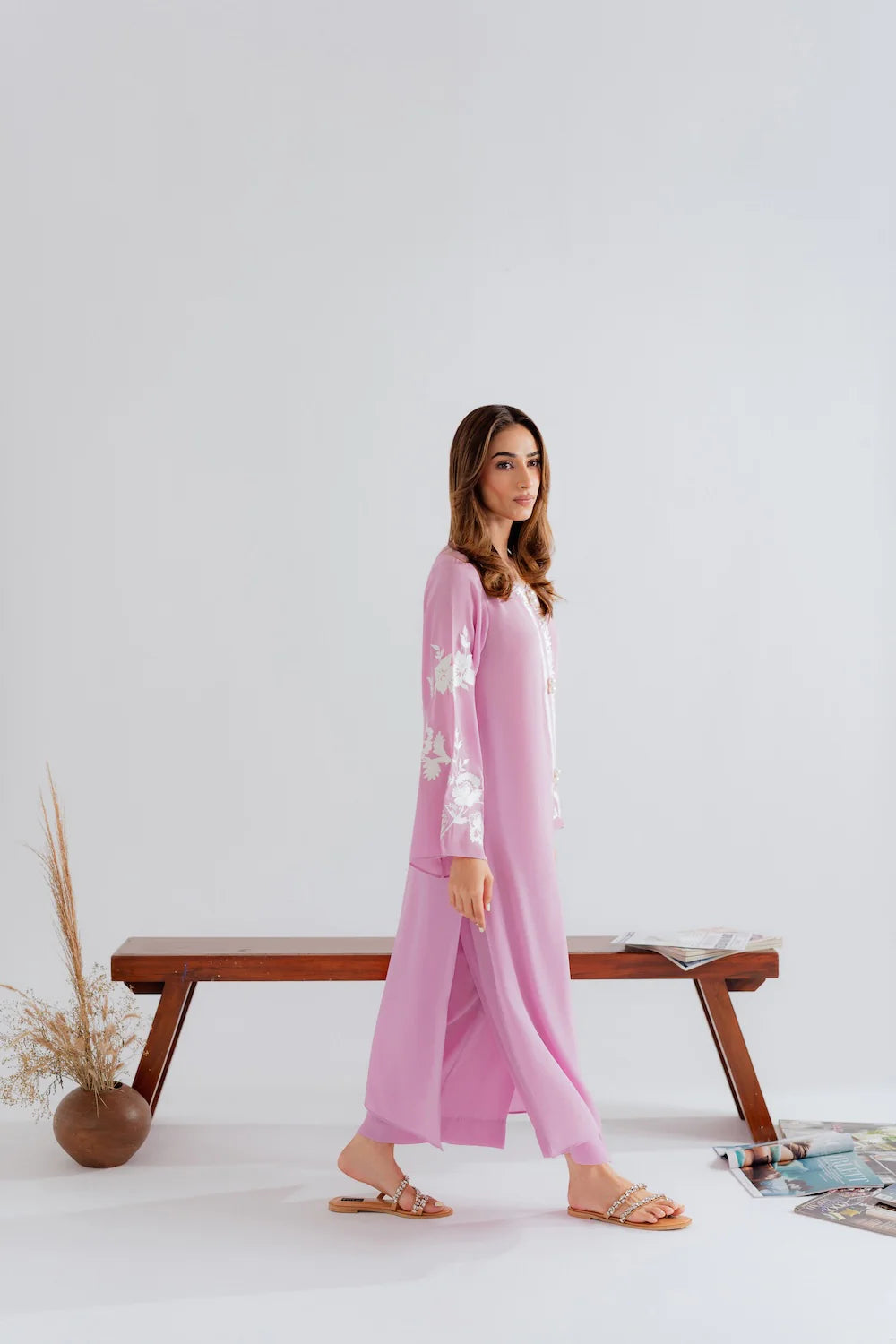 Ginni Pink Chanderi Silk Embroidered Straight Kurta Pant Set