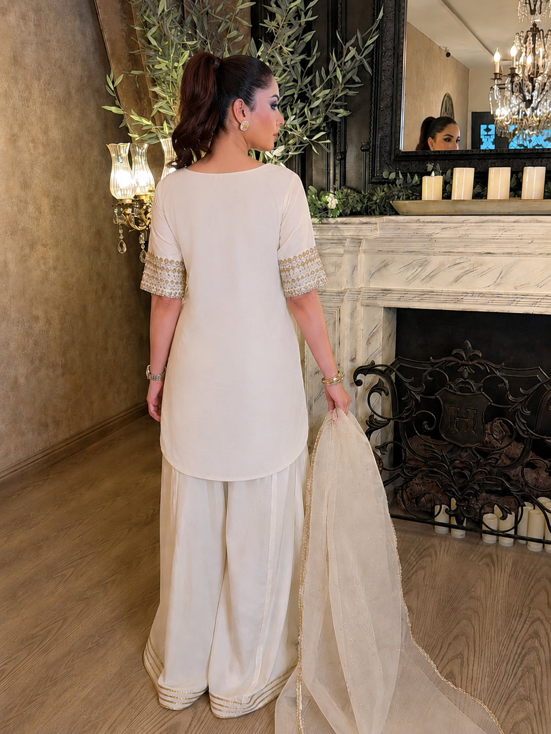 Sunehri Premium Cream Embroidered Chinon Palazzo Suit Set with Dupatta