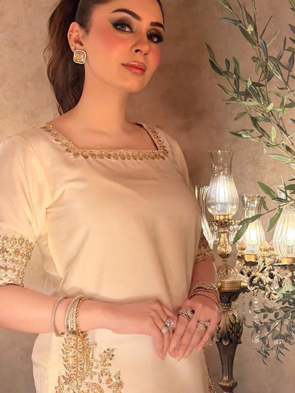 Sunehri Premium Cream Embroidered Chinon Palazzo Suit Set with Dupatta