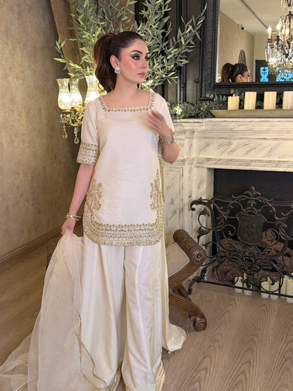 Sunehri Premium Cream Embroidered Chinon Palazzo Suit Set with Dupatta