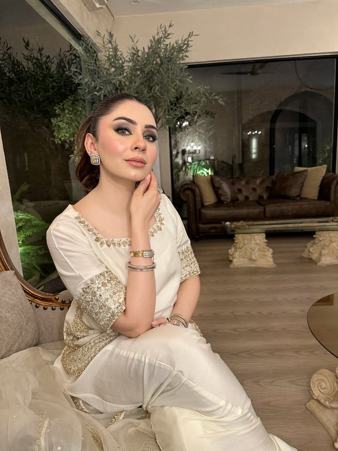 Sunehri Premium Cream Embroidered Chinon Palazzo Suit Set with Dupatta