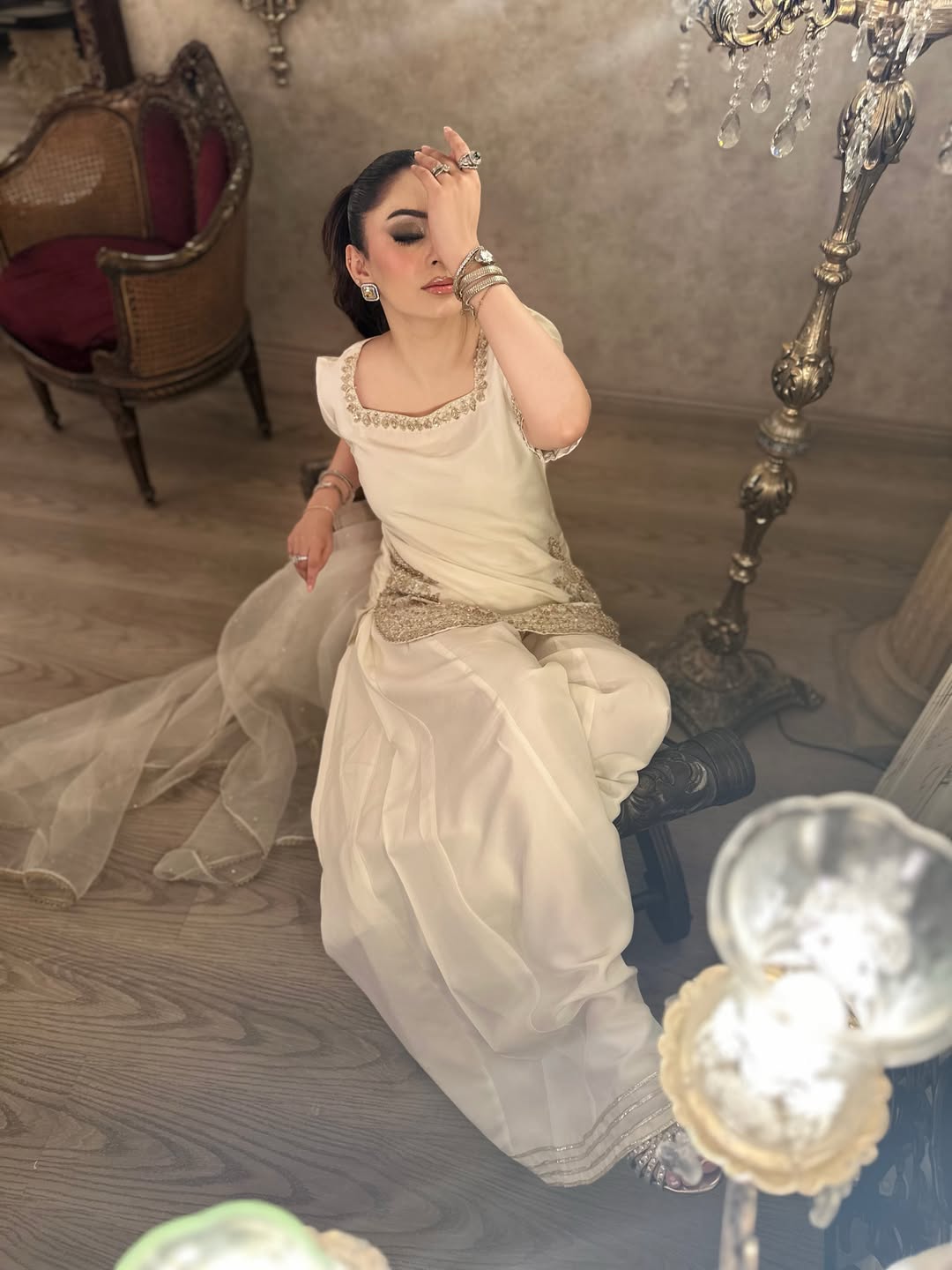Sunehri Premium Cream Embroidered Chinon Palazzo Suit Set with Dupatta