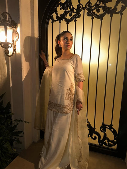 Sunehri Premium Cream Embroidered Chinon Palazzo Suit Set with Dupatta