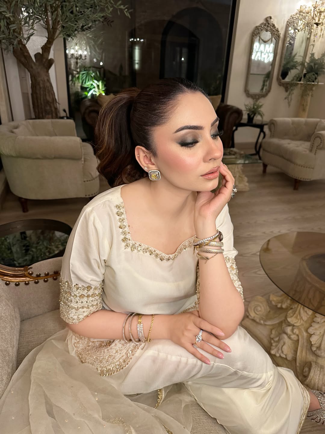 Sunehri Premium Cream Embroidered Chinon Palazzo Suit Set with Dupatta