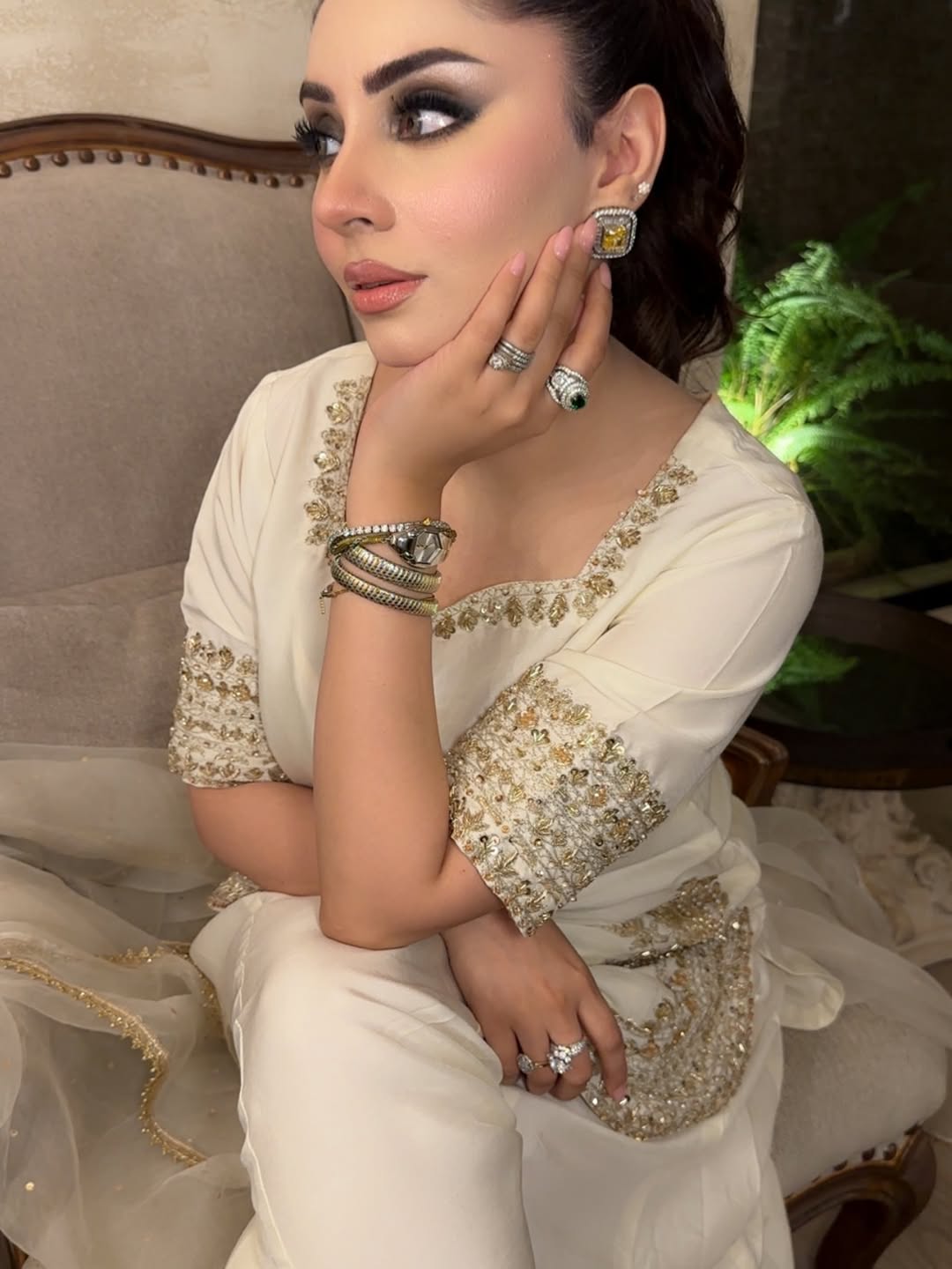 Sunehri Premium Cream Embroidered Chinon Palazzo Suit Set with Dupatta