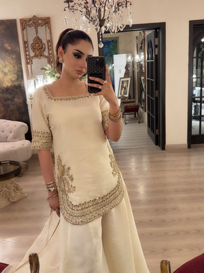 Sunehri Premium Cream Embroidered Chinon Palazzo Suit Set with Dupatta
