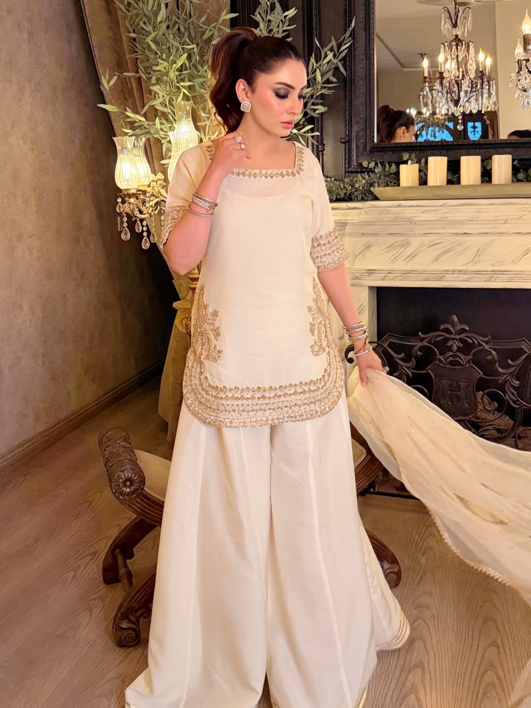 Sunehri Premium Cream Embroidered Chinon Palazzo Suit Set with Dupatta