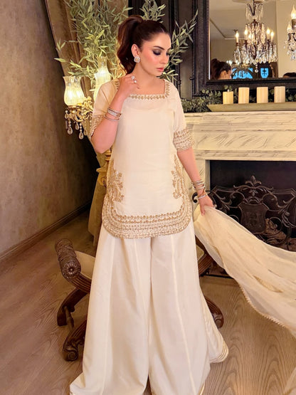 Sunehri Premium Cream Embroidered Chinon Palazzo Suit Set with Dupatta