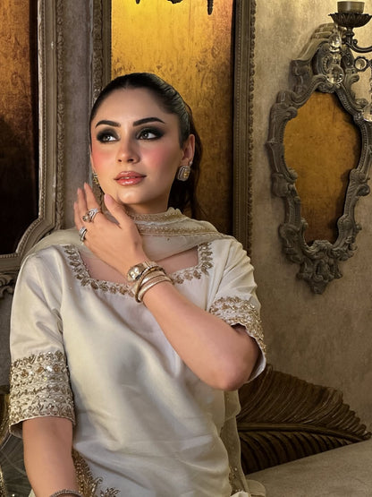 Sunehri Premium Cream Embroidered Chinon Palazzo Suit Set with Dupatta