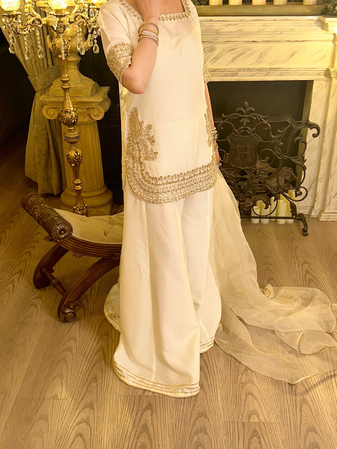 Sunehri Premium Cream Embroidered Chinon Palazzo Suit Set with Dupatta